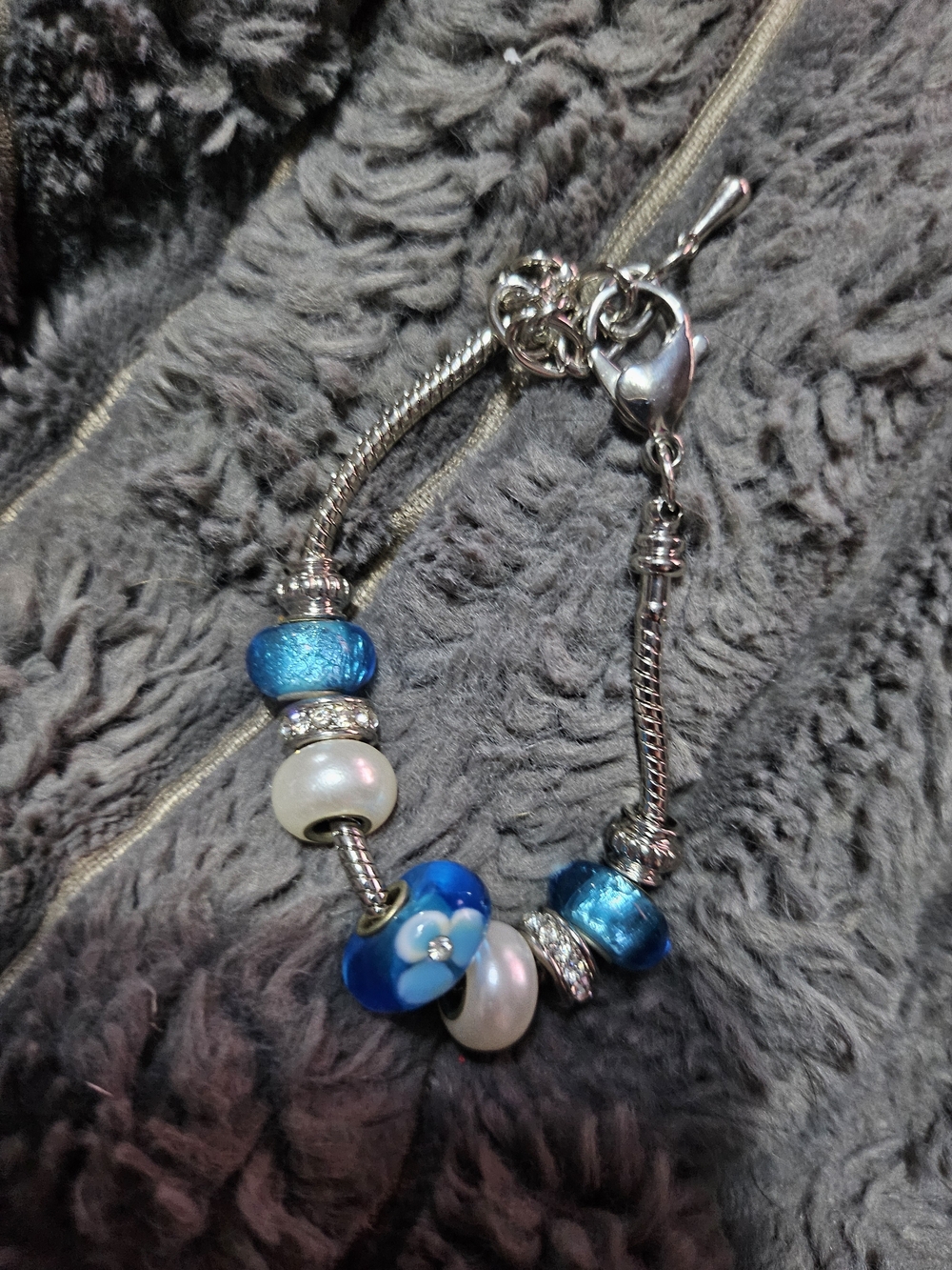 Pandora Like Blue Glass & Pearl Charm Bracelet - Women Jewelry